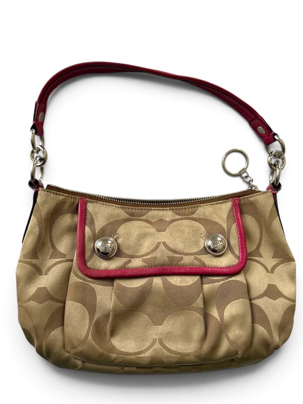 COACH 13833 Poppy Signature Sateen Groovy Magenta Pink Leather Trim Silver